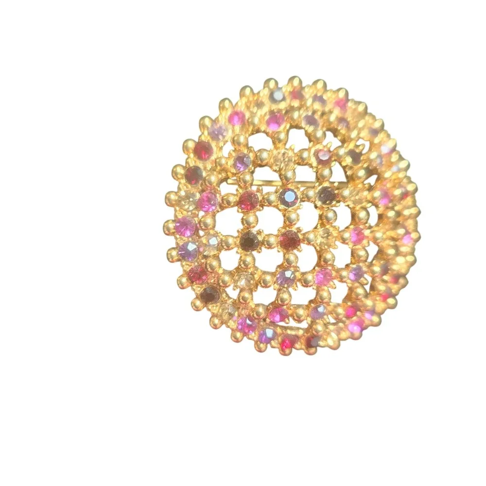 Vintage Gold Tone Round Lattice Brooch Pink Purple Rhinestone Circle‎ Pin